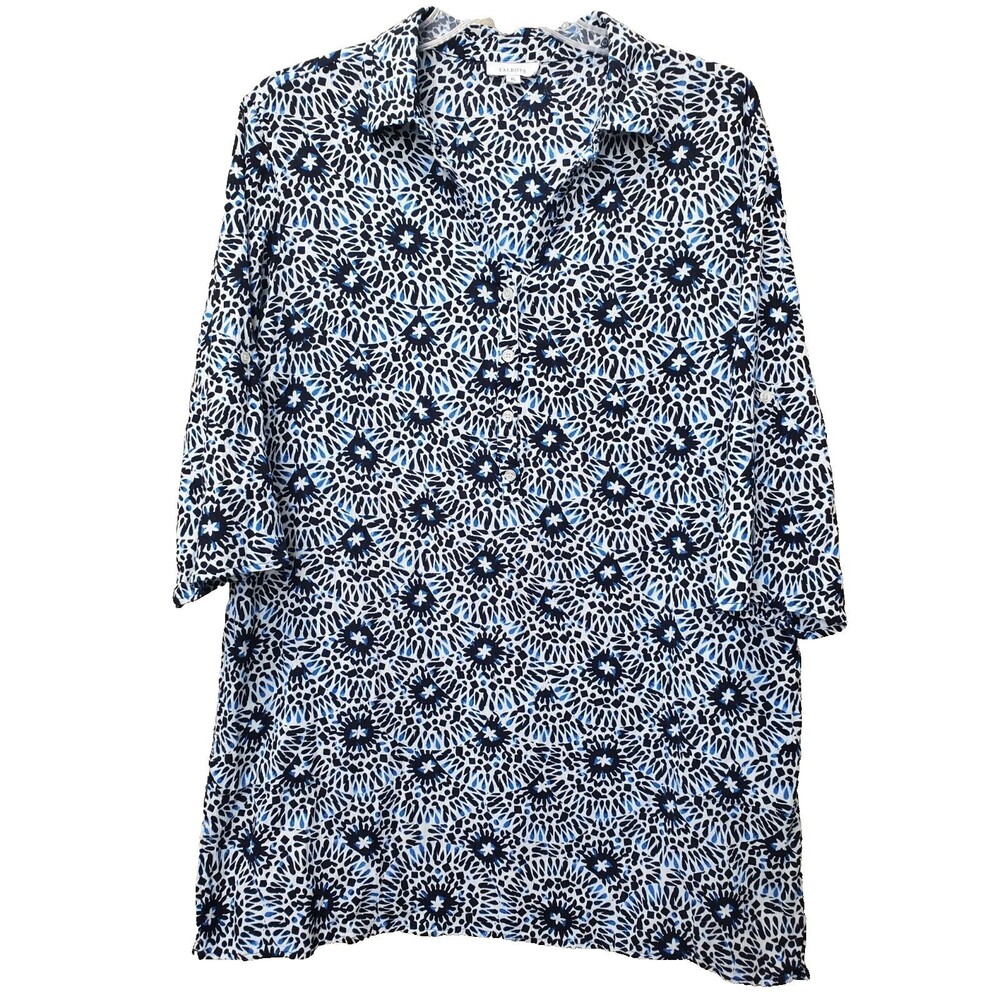 Talbots 100% Cotton Blue Mosaic Print Henley Neck Dress or Swim Cover-Up Size XL